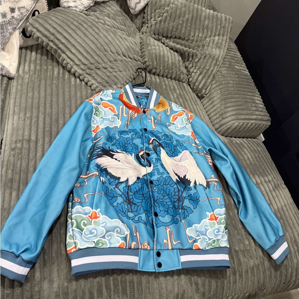 Blue Bomber Jacket with Crane Design
